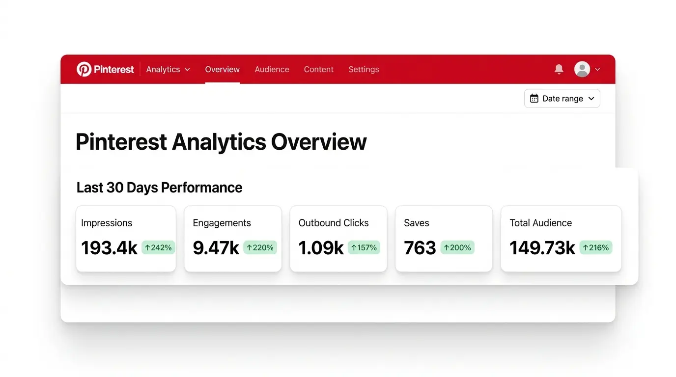 Pinterest Analytics showing 193.4k impressions with 242% growth, 9.47k engagements up 220%, and 1.09k outbound clicks up 157% in 30 days