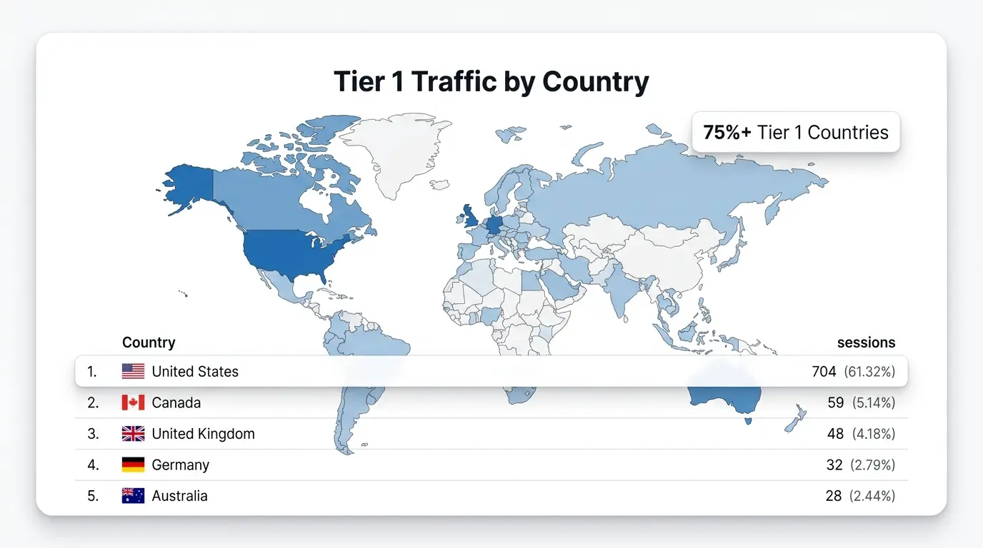 Google Analytics geographic breakdown showing 61.32% US, 5.14% Canada, 4.18% UK, 2.79% Germany, and 2.44% Australia