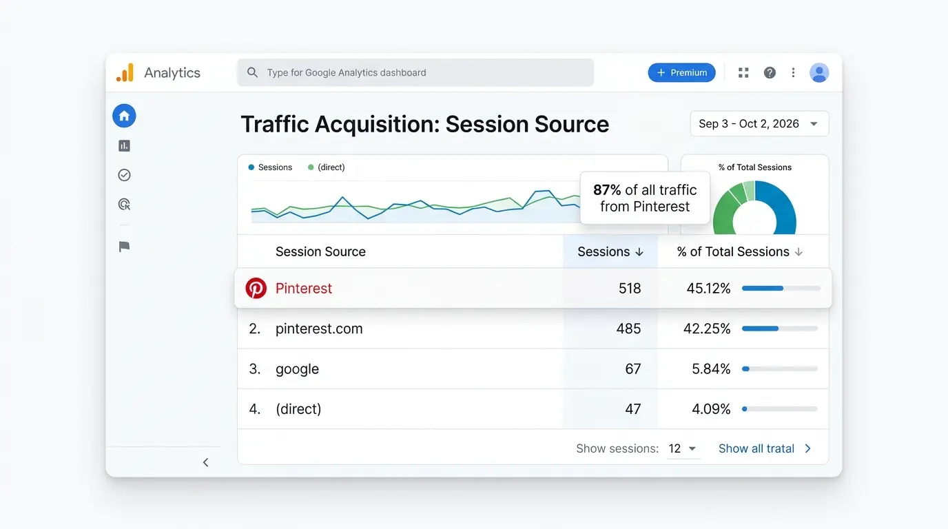Google Analytics traffic acquisition showing 1,003 sessions from Pinterest out of 1,148 total sessions (87.37%)