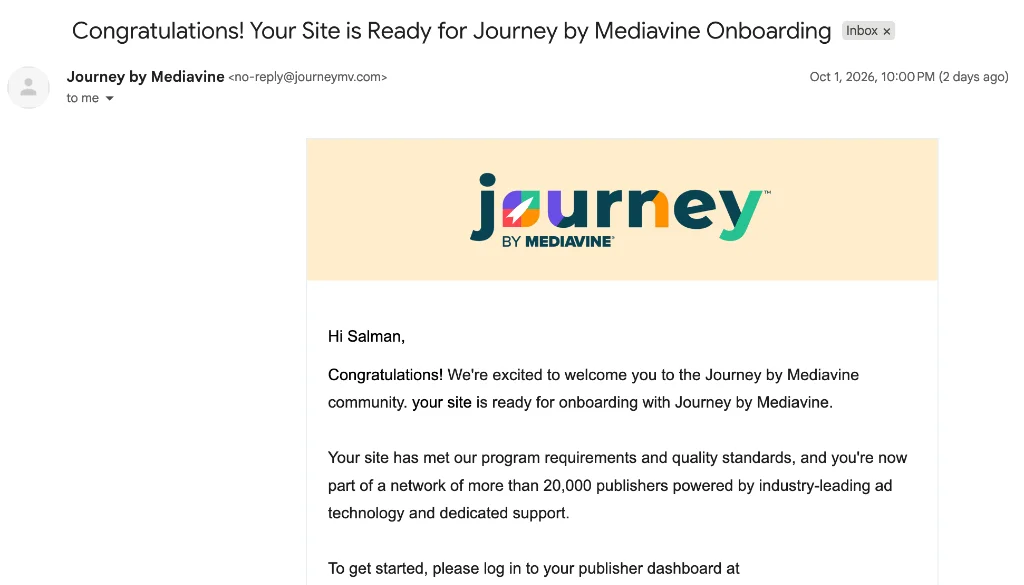 Official confirmation email: Congratulations! Your Site is Ready for Journey by Mediavine Onboarding dated Oct 1, 2026