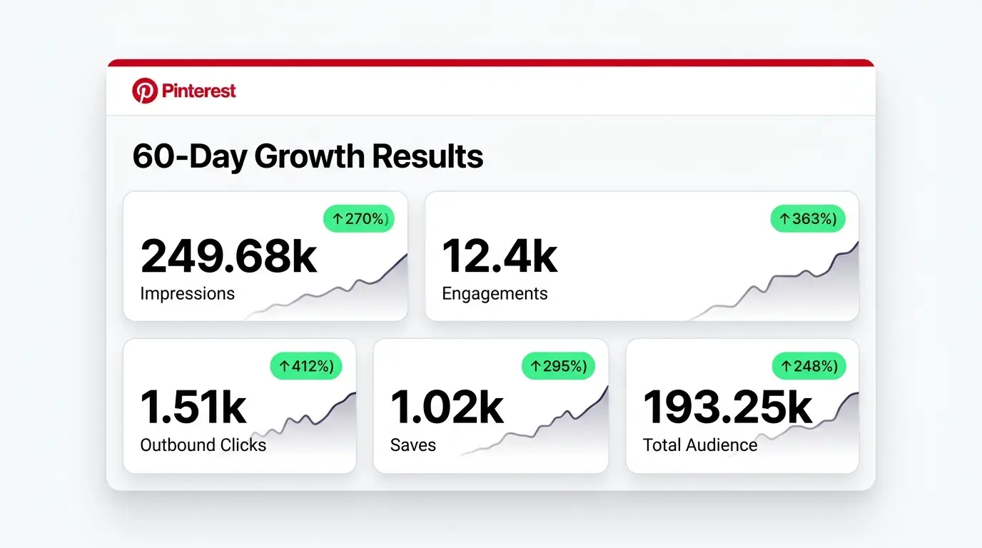 Pinterest 60-day performance showing 249.2k impressions up 176%, 3.01k saves up 350%, and 1.7k outbound clicks up 215%